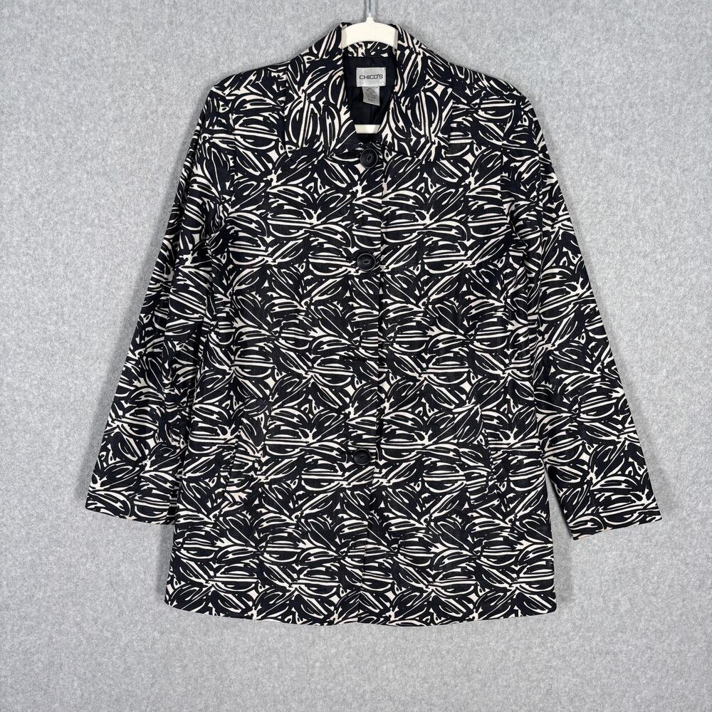 Chicos Linen Jacket Small Black Cream Pockets Abstract Tropical Artsy Trench
